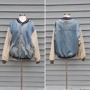 Vintage 90s y2k Varsity 2 Tone Blue Jean Tan Denim Distressed Bomber Jacket Lg